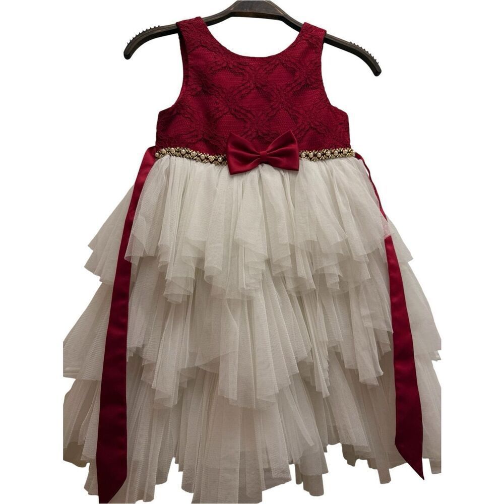Princess Collection Girls Red & Ivory Tulle Party Dress 6X/7 Elegant Bow Formal